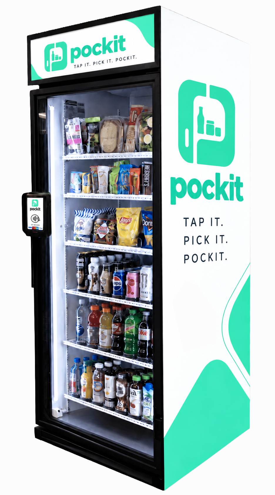 A Pockit machine stocked with snacks and drinks in a bright modern lobby